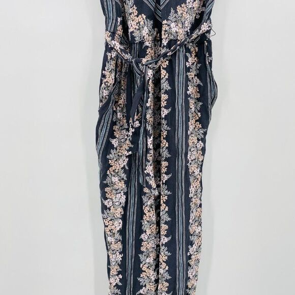 LOFT Size Small Gray Striped Floral V Neck Tie Waist Wide Leg Jumpsuit - Picture 5 of 12